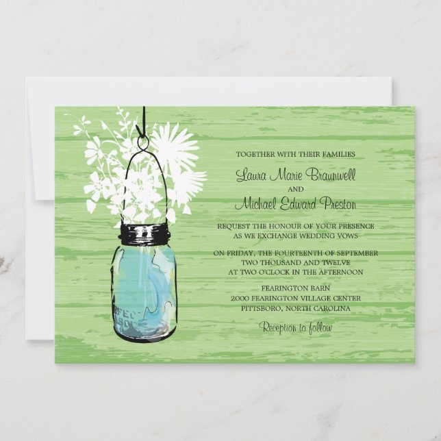 Invitación Mason Jar y Boda de Flores Silvestres de Madera Ru (Anverso)