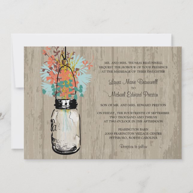 Invitación Mason Jar y Boda de Flores Silvestres de Madera Ru (Anverso)
