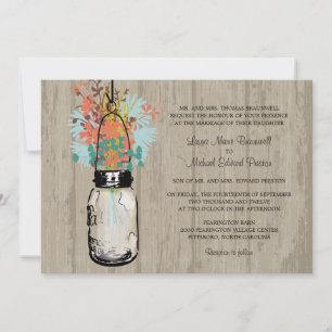 Invitación Mason Jar y Boda de flores silvestres de madera ru