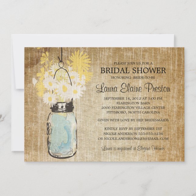 Invitación Mason Jar y Daisies de Flores Silvestres Rústicas (Anverso)