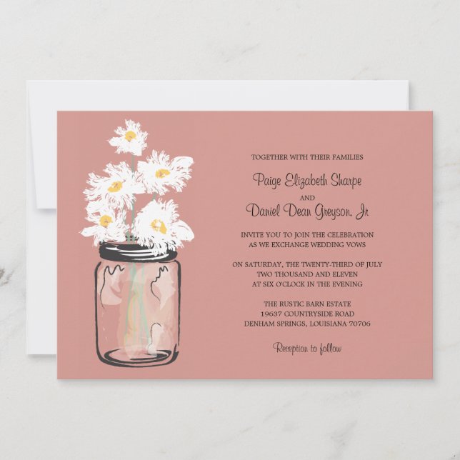 Invitación Mason Jar y el Boda de White Daisies (Anverso)