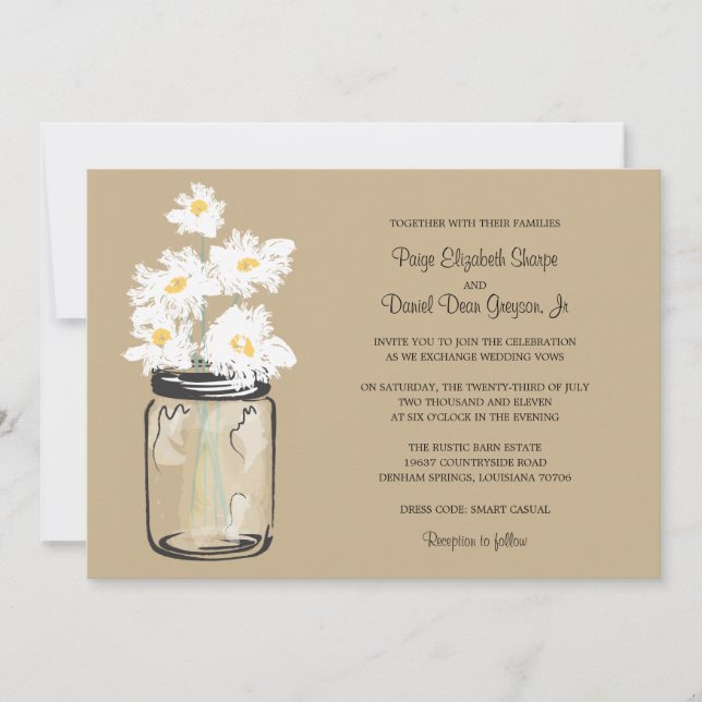 Invitación Mason Jar y el Boda de White Daisies (Anverso)