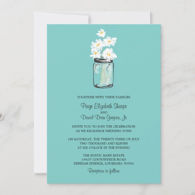 Invitación Mason Jar y el Boda de White Daisies (Anverso)