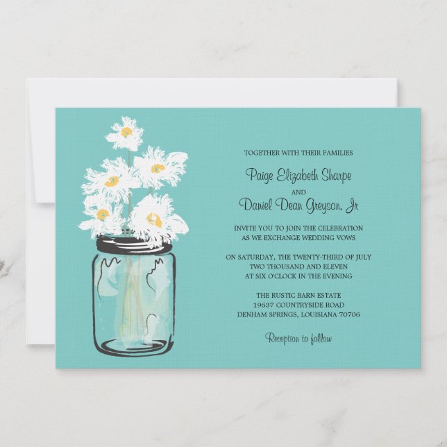 Invitación Mason Jar y el Boda de White Daisies (Anverso)