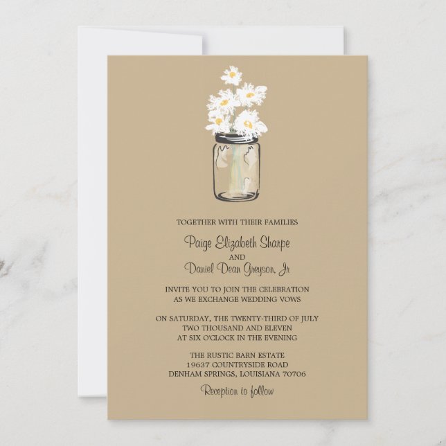 Invitación Mason Jar y el Boda de White Daisies (Anverso)