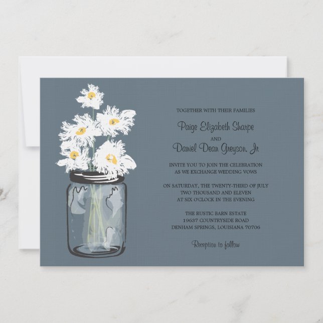 Invitación Mason Jar y el Boda de White Daisies (Anverso)