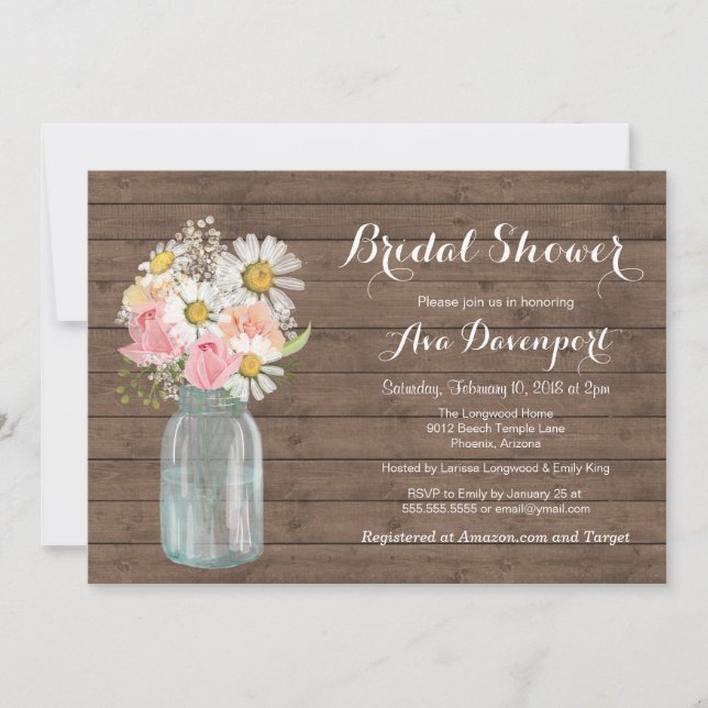Invitación Mason Jar y Flores Rústicas Bebé o Ducha de Novias (Anverso)