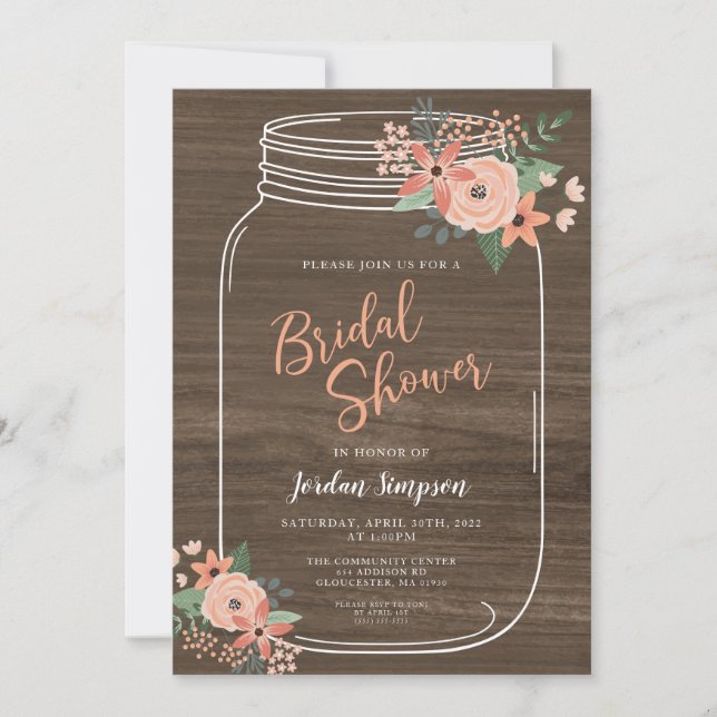 Invitación Mason Jar y Flores Rústicas Ducha de Novias (Anverso)