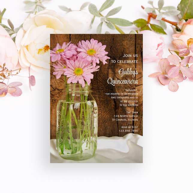 Invitación Mason Jar y Pink Daisies Quinceañera Barn Fiesta (Subido por el creador)