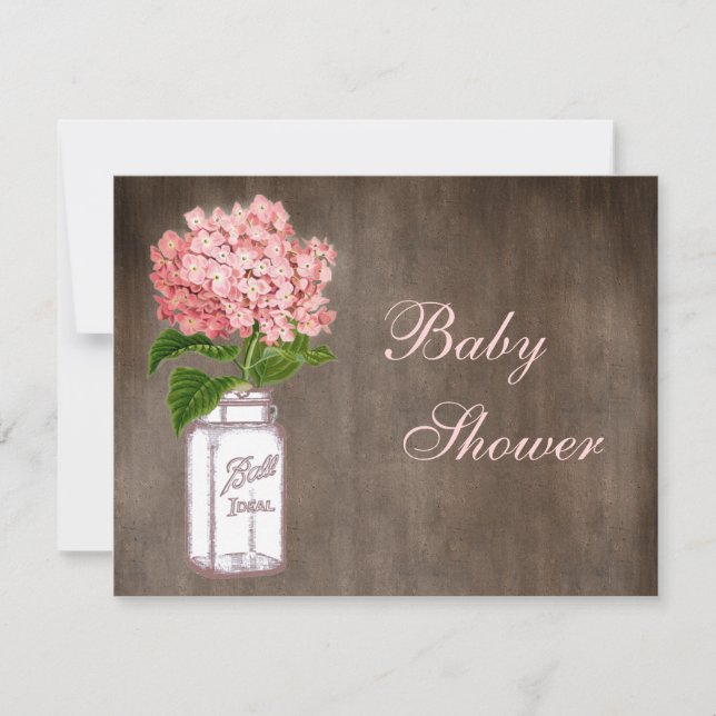 Invitación Mason Jar y Pink Hydrangea Rustic Baby Shower (Anverso)
