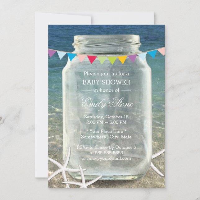 Invitación Mason Jar y Starfish Blue Sea Beach Baby Shower (Anverso)