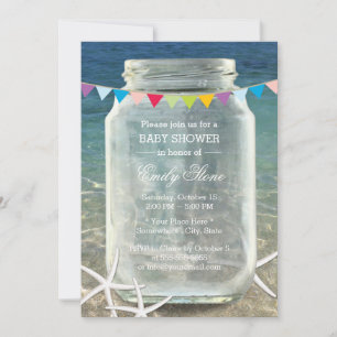 Invitación Mason Jar y Starfish Blue Sea Beach Baby Shower