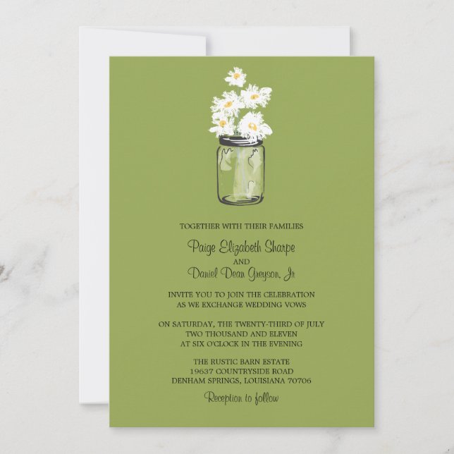 Invitación Mason Jar y White Daisies | Boda verde (Anverso)