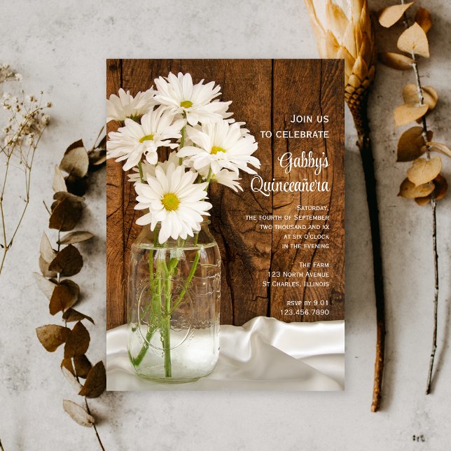 Invitación Mason Jar y White Daisies Quinceañera Barn Fiesta (Subido por el creador)