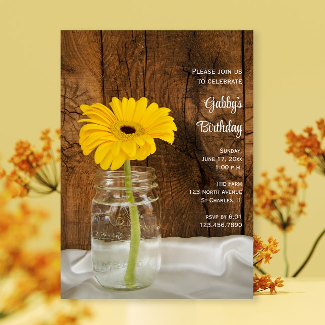 Invitación Mason Jar y Yellow Daisy Barn Birthday Party (Subido por el creador)