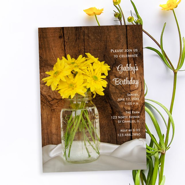 Invitación Mason Jar Yellow Daisies Barn Birthday Party (Subido por el creador)