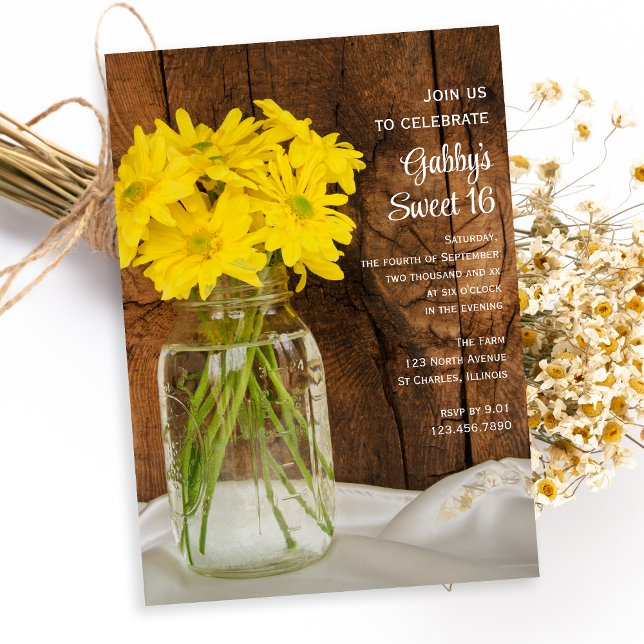 Invitación Mason Jar Yellow Daisies Sweet 16 Birthday Party (Subido por el creador)