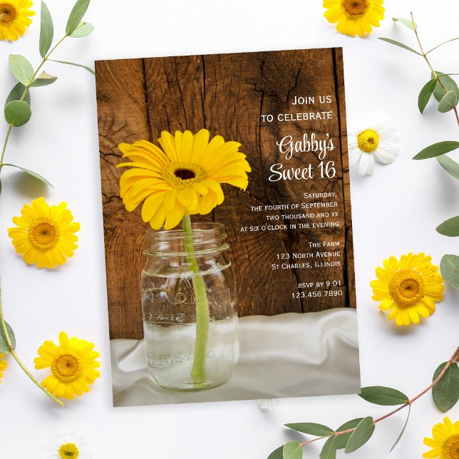 Invitación Mason Jar Yellow Daisy Sweet 16 Birthday Party (Subido por el creador)