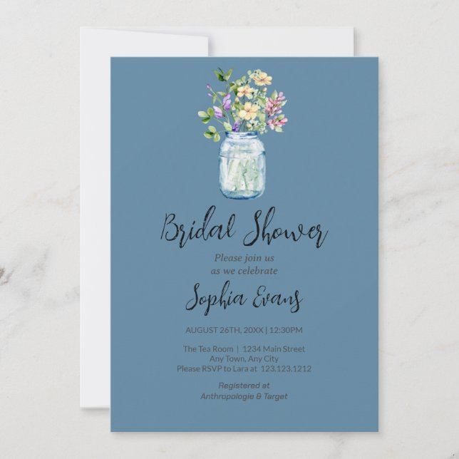 Invitación Mason Jars Con Flores Blue Bridal Shower (Anverso)