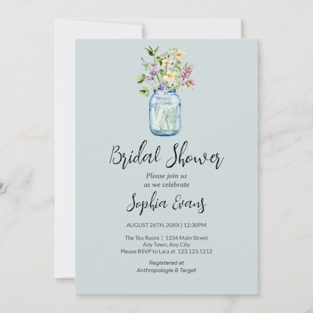 Invitación Mason Jars Con Flores Blue Bridal Shower (Anverso)