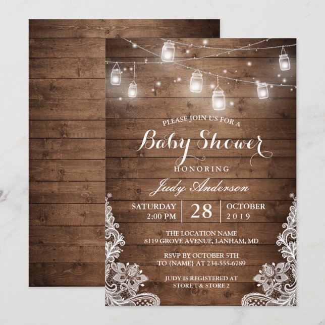 Invitación Mason Jars ilumina el Baby Shower de Rustic Wood L (Anverso / Reverso)