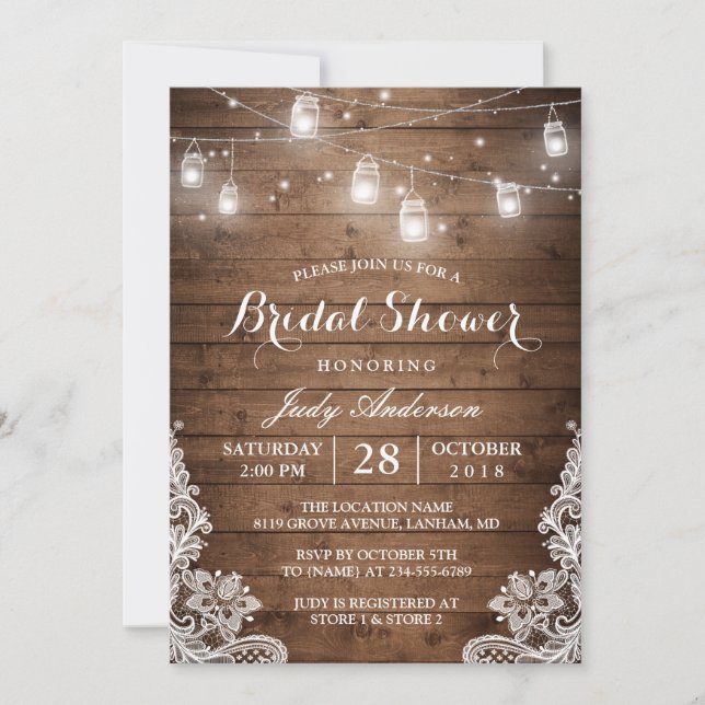Invitación Mason Jars ilumina la ducha de novias de encaje de (Anverso)