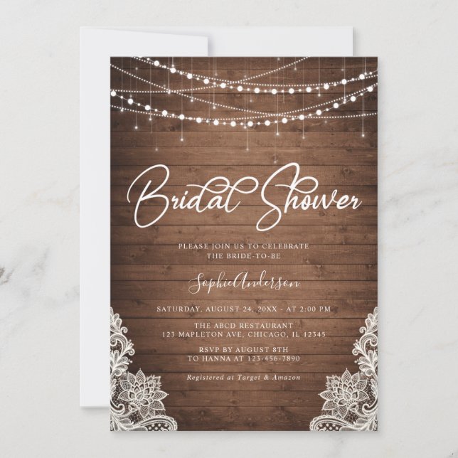 Invitación Mason Jars Rustic Wood Lights Lace Bridal Shower (Anverso)