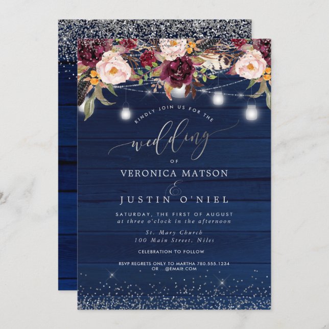 Invitación Mason Jars Rustic Wood Navy Flores Blue+Burgundy (Anverso / Reverso)