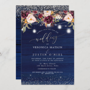 Invitación Mason Jars Rustic Wood Navy Flores Blue+Burgundy