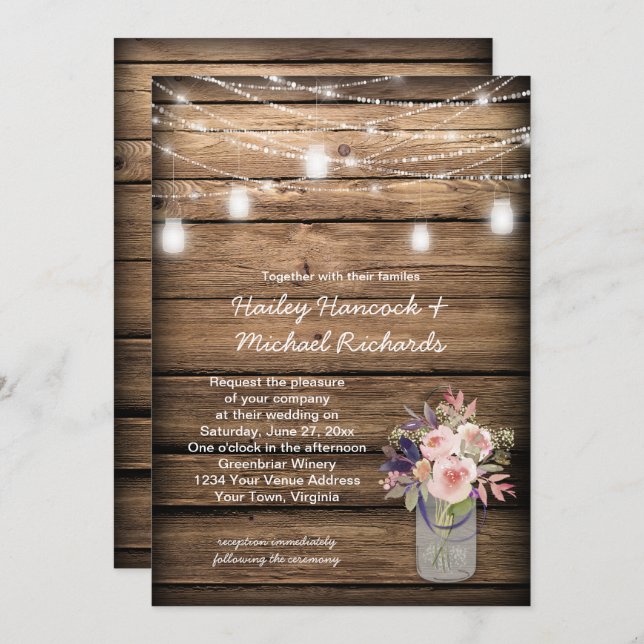 Invitación Mason Jars Rústico enciende Boda de flores silvest (Anverso / Reverso)