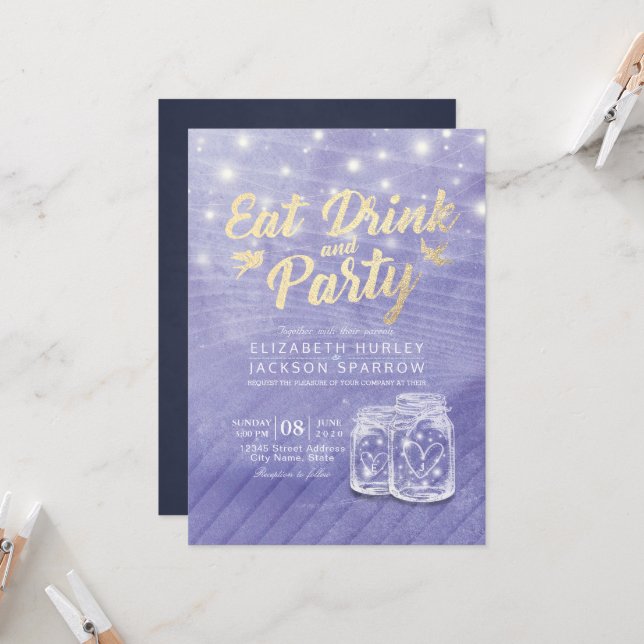 Invitación Mason Jars String Lights: Bebida y Boda Fiesta (Anverso/Reverso In Situ)