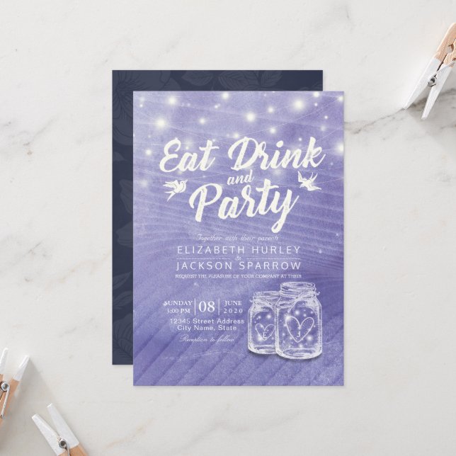 Invitación Mason Jars String Lights EAT Drink Fiesta (Anverso/Reverso In Situ)