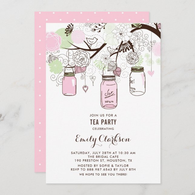 Invitación Mason verde y rosa Jars Floral Bridal Tea Fiesta (Anverso / Reverso)