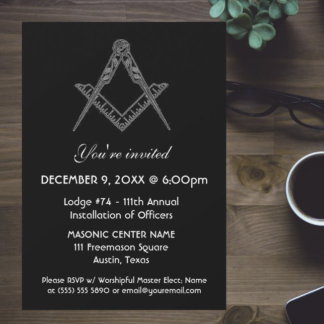 Invitación Masonería Masonry Black Square y Compass (Subido por el creador)