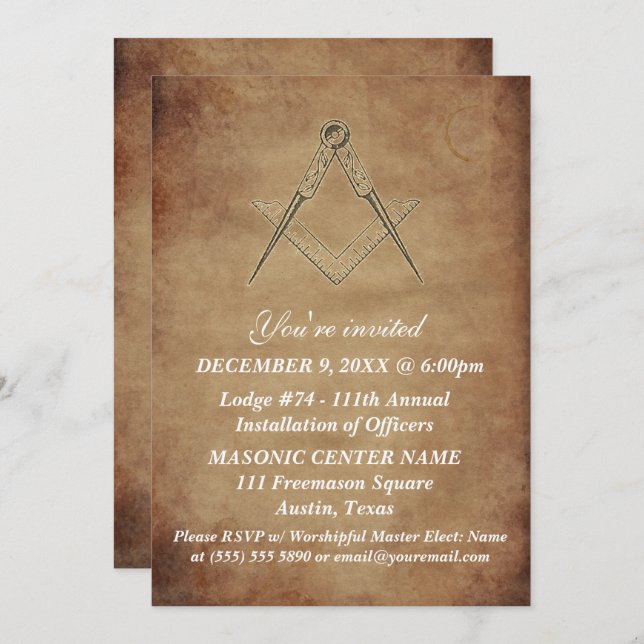 Invitación Masonry Brown Masonic (Anverso / Reverso)