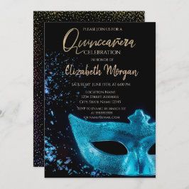 Invitación Masque azul, Confetti Quinceañera