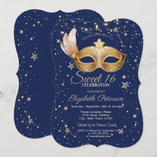 Invitación Masque Azul Marino Estrellas Sweet 16