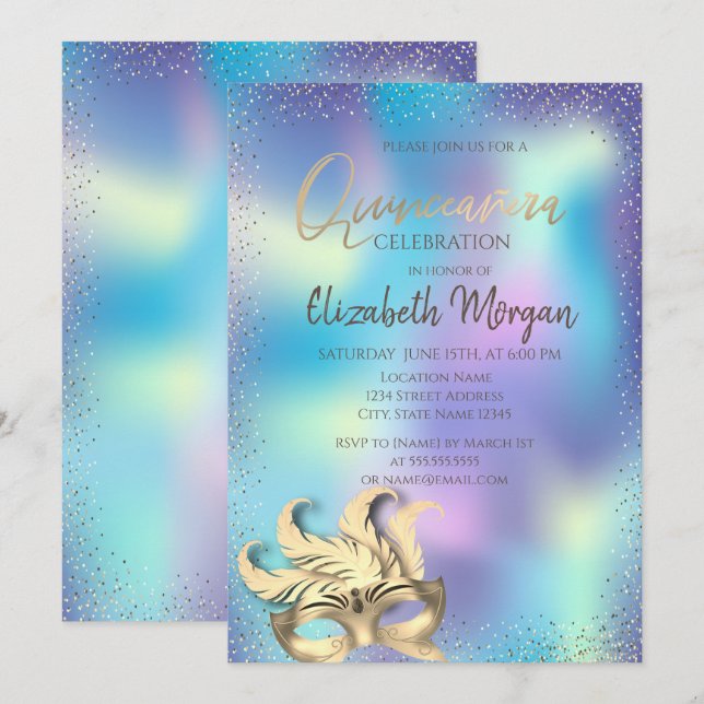 Invitación Masque,Confetti Dots Holographic Quinceañera (Anverso / Reverso)