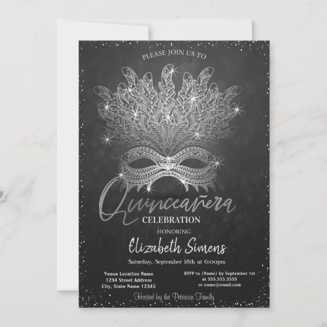 Invitación Masque de Confetti Plateado Oscuro Quinceañera (Anverso)