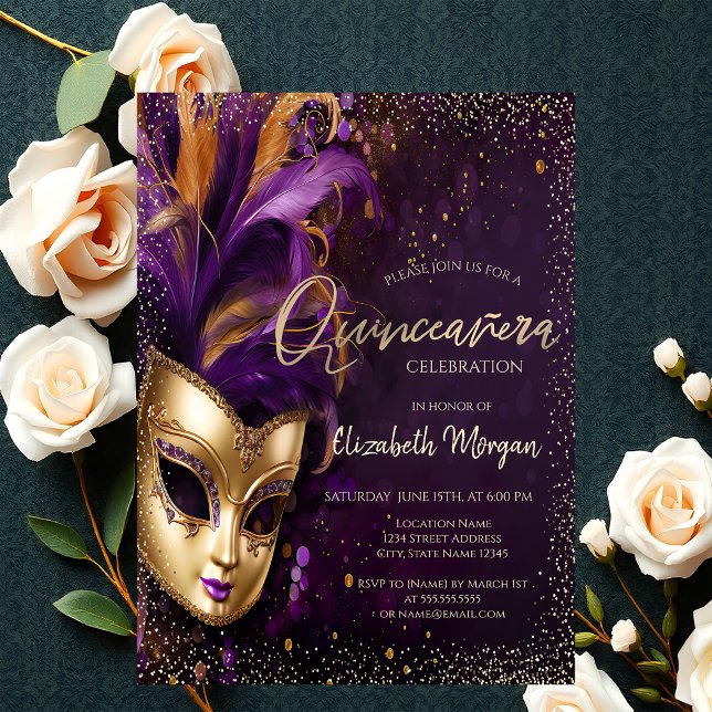 Invitación Masque de moda, Confetti Purple Quinceañera (Subido por el creador)