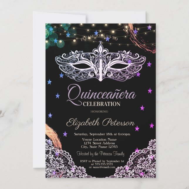 Invitación Masque de moda, Luces de cuerda, Lace, Estrellas Q (Anverso)