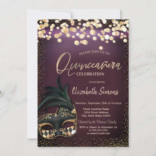 Invitación Masque de oro Confetti Burgundy Quinceañera (Anverso)