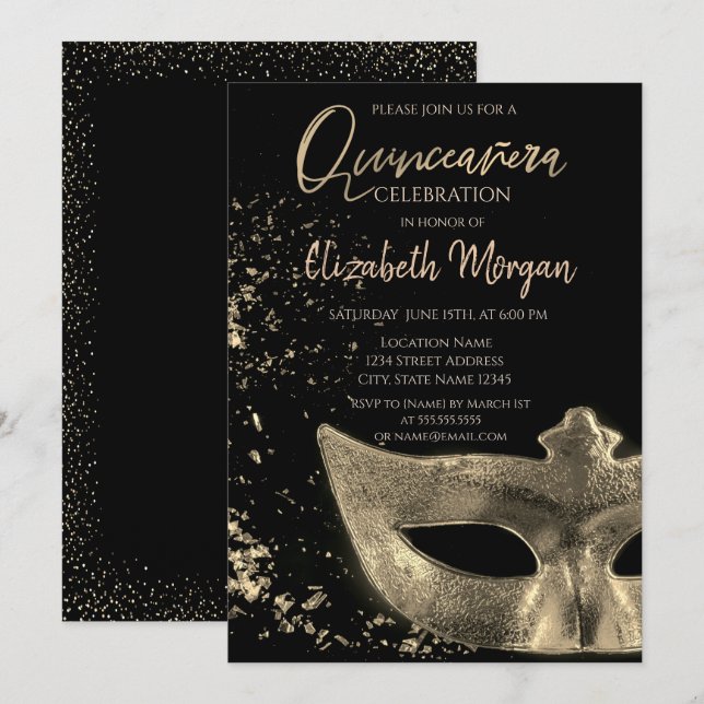Invitación Masque de oro, Confetti Quinceañera (Anverso / Reverso)