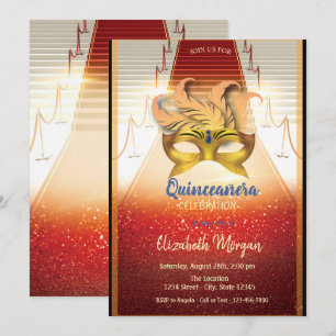 Invitación Masque de oro elegante, alfombra roja Quinceanera