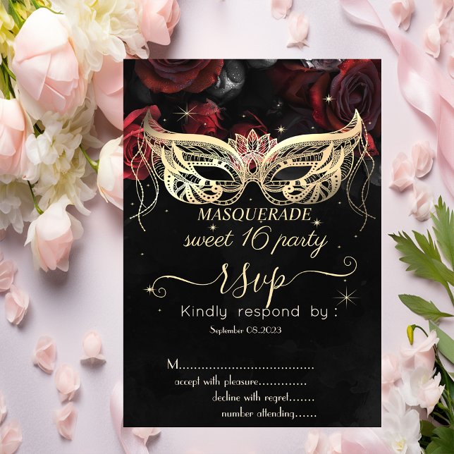 Invitación Masque Diamantes Rojo Roses Gótico Dulce 16 RSVP (Subido por el creador)