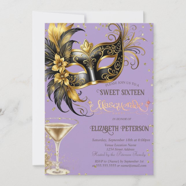 Invitación Masque Diamonds Champagne Lavanda Dulces 16   (Anverso)