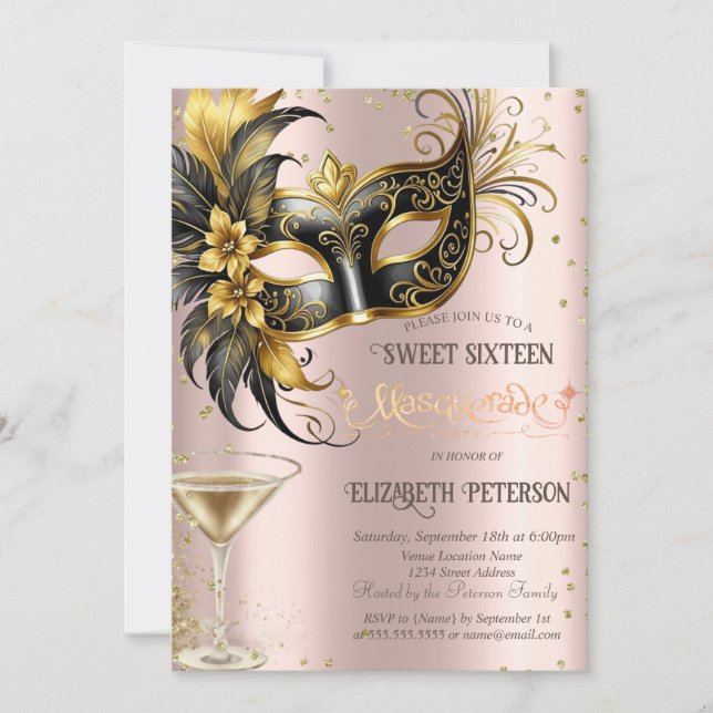 Invitación Masque Diamonds Champagne Rose Gold Dulces 16   (Anverso)