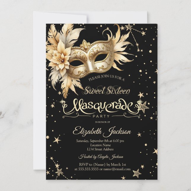 Invitación Masque dorado floral Estrellas dulces 16 (Anverso)
