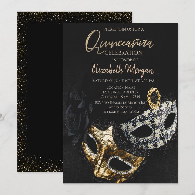 Invitación Masque elegante de Confetti, Quinceañera de mascar (Anverso / Reverso)
