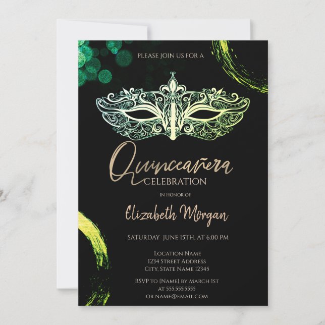 Invitación Masque elegante, mascarada de Moda Quinceañera (Anverso)